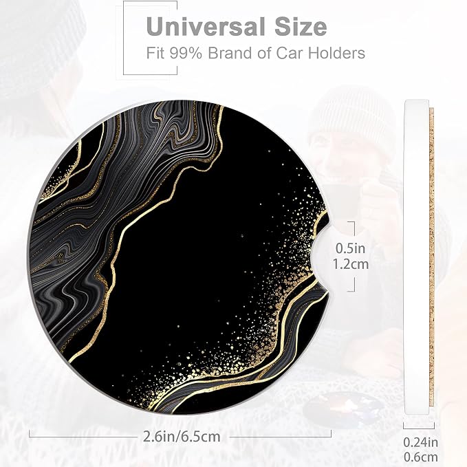 Black Gold Marble Car Coasters for Women 2 Pack,Abstract Lines Absorbent Car Coasters for Cup Holders Insert Ceramic Anti Slip with Finger Notch & Cork Base Auto Accessories Gifts