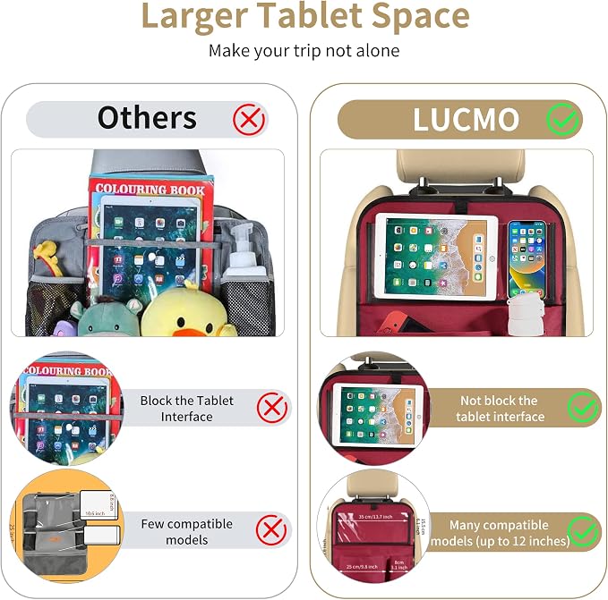 LUCMO Car Backseat Organizer with Foldable Tablet Holder,Red | 6 Storage Pockets,Foldable Food Tray,Protectors Kick Mats,Travel Accessories,Seat Cover,Road Trip Essentials