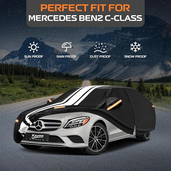 Kayme Mercedes Benz C Class Car Cover Waterproof All Weather, Custom Fit for C300 C350 C400 C450 C63 AMG (2008-2026), Gift with Tape/Towel, Outdoor Full Exterior Cover Rain Snow Sun UV Protection.