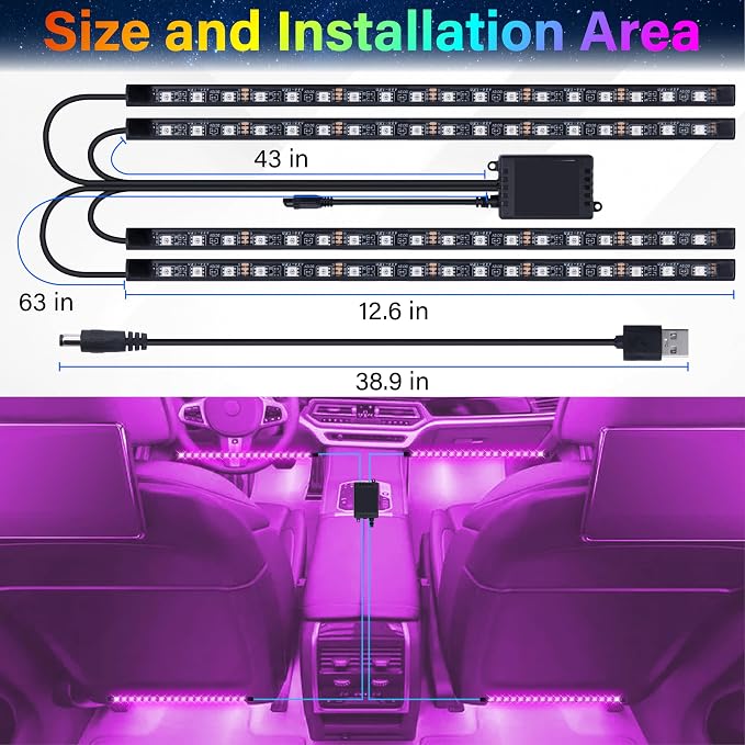 BFXM Car Interior Lights 72 LED Lights Strip with USB Adapter | App & Remote Control Music Sync Color Change, Interior Car Lights for Car Decor, Car Accessories for Women Men