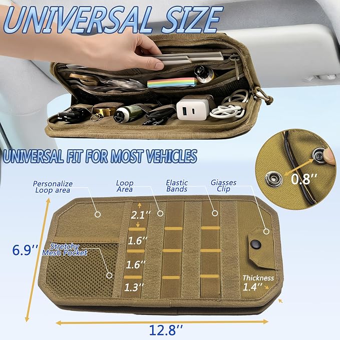 Car Sun Visor Organizer with 2 USA Flag Patches, 1000D Heavy Duty Polyester, Large Capacity MOLLE Panel, Zipper Storage, Fits Cars, SUVs, Trucks, Duty Gear & Overlanding (Khaki)