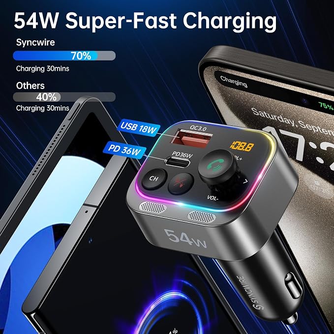 Syncwire Bluetooth 5.4 FM Transmitter Car Adapter 54W (PD 36W & 18W) [Stronger Dual Mics] [Light Switch] [HiFi Bass Sound] [Fast Charging] Wireless Radio Receiver Hands-Free Calling LED Display | [Stronger Dual Mics] [HiFi Bass Sound] [Fast Charging] W...