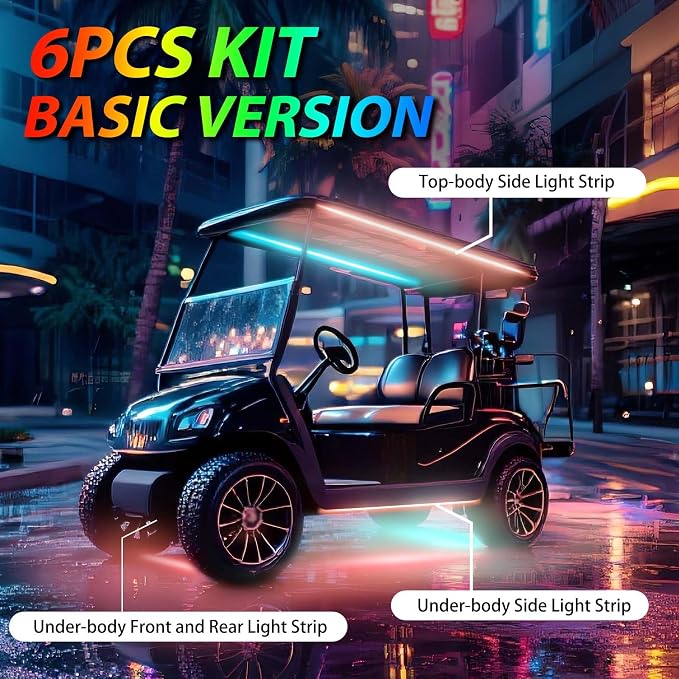 6PCS Golf Cart Underglow LED Light Strip Kit,12-80V,IP65 Waterproof Neon Accent Lighting Kits, Golf Cart Canopy Lights,Glow Neon Underbody Lighting with APP and Remote Control