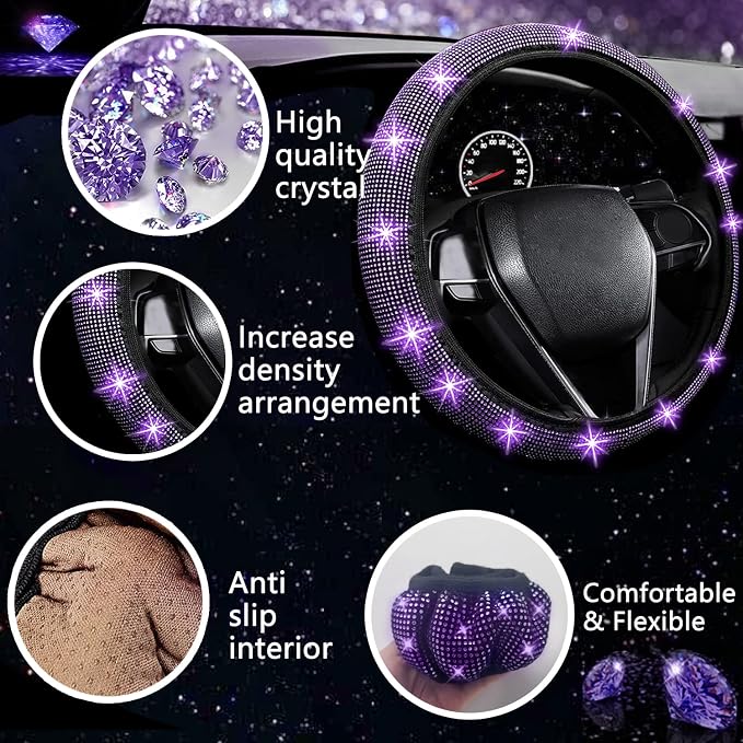 NBTEPEM 27 PCs Purple Violet Bling Car Accessories Set for Women, Steering Wheel Covers Universal Fit 15 Inch, Bling License Plate Frame, Bling Phone Holder, Bling Car Coasters