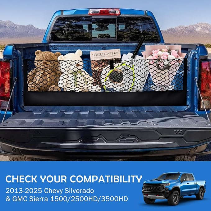 Truck Bed Cargo Net for 2019-2026 Chevy Silverado&GMC Sierra 1500/2500HD/3500HD Accessories, Envelope Style Trunk Mesh Cargo Net, Heavy Duty&Double-Layer Nylon Storage Rear Netting Holder Organizer
