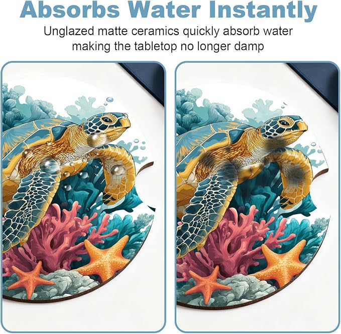 Car Cup Holder Coaster Set of 2, 2.56 in Ceramic Coasters, Scratch-Resistant Cork Backing, Finger Groove Design for Easy Placement, Cute Car Accessories Interior for Women (Blue Turtle)