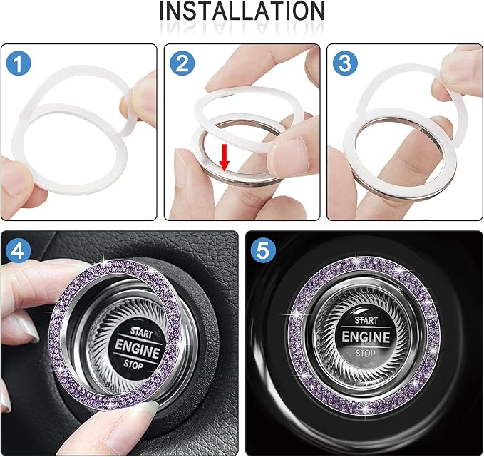 WINKA 2pcs Bling Car Engine Start Button Cover Diamond Crystal Push Start Stop Button Ring Sparkly Bling Ignition Button Cover Rhinestone Keyless Ignition Ring Universal Car Accessories (Light Purple)