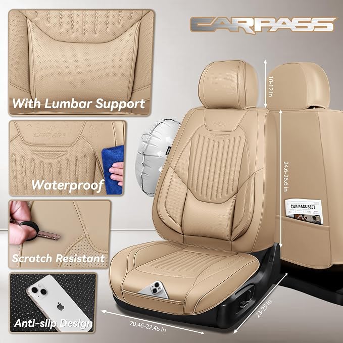 CAR PASS Luxury Nappa Leather Car Seat Covers Full Set, Lumbar Support Seat Covers for Car 5 Seats, Waterproof Car Seat Protector, Automotive Seat Covers Universal Fit for Most Sedans SUV Trucks Beige