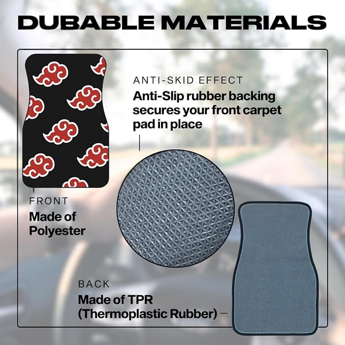 Anime-Inspired Car Floor Mat Set of 2 Front – Non-Slip Waterproof Auto Carpet Mats, Universal Fit Anti-Skid Rubber Backing, Interior Vehicle Floor Mat Accessories for Cars, Trucks & SUVs (Red Cloud)