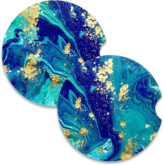 Nipichsha Car Coasters for Cup Holders, 2 Pack Absorbent Ceramic Car Cup Holder Coaster for Drinks, Cute Auto Assecories for Women Men, Size 2.56 in with Finger Notch & Cork Base, Teal Marble