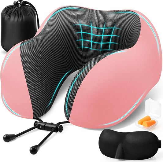 ExploreBliss Travel Pillow, Travel Pillows for Sleeping Airplane, Neck Pillow Airplane, Memory Foam Neck Pillow Set with Eye Mask, Earplugs and Storage Bag -Pink