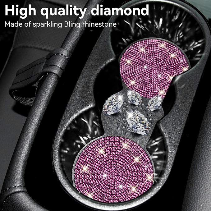 SINGARO Bling Cup Holder Coasters for Car, 4PCS Universal Non-Slip Cup Holder, Embedded Decorative Coasters, Shiny Crystal Car Interior Accessories Gifts for Women (Pink)