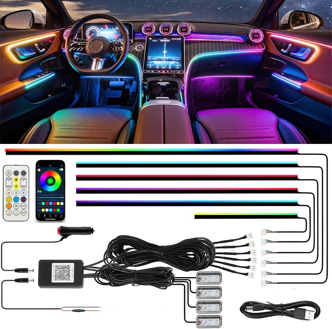 DREAMOTOR Dreamcolor Acrylic Interior Car LED Strip Lights with APP&Remote Control RGB 10 in 1 Ambient Lighting Kits Fiber Optic Strip LEDs Music Sync Car Neon Lights for Cars,SUVs,Trucks