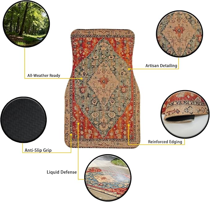 Persian Linen Car Floor Mats, Vintage Oriental Car Accessories | Waterproof & non-slip all-weather mats, universal fit for SUV Sedan, luxury car interior accessories for men and women