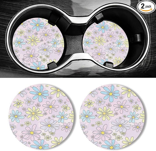 WOCOCN Car Coasters for Cup Holders - 2 Pack 2.75" Universal Rubber Car Cup Coaster, Non-Slip Waterproof Car Interior Accessories, Cute Car Decor Gifts for Women and Men (Daisy)