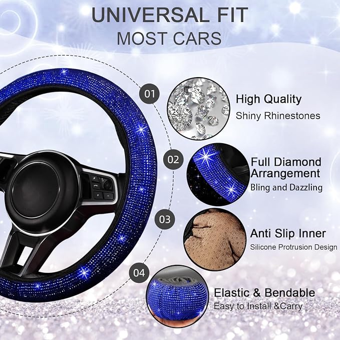 NBTEPEM Bling Car Floor Mats Full Set and Steering Wheel Cover, Universal Fit Most Cars, 4 pcs Sparkle Glitter Diamond Carpet, 5 pcs Bling Car Accessories Set for Women (Blue Diamond)