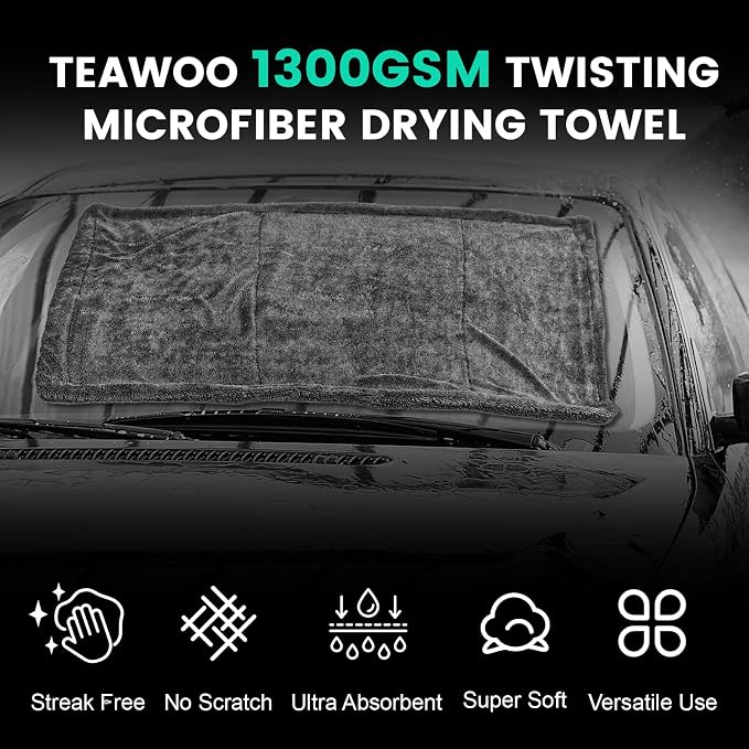 TEAWOO 2 Pack Double-Sided Car Care Extra-Large, Ultra-Absorbant Microfiber Drying Towel for Cars and Trucks, Super Absorbent Car Drying Towel, 1300GSM, 35" x 24"