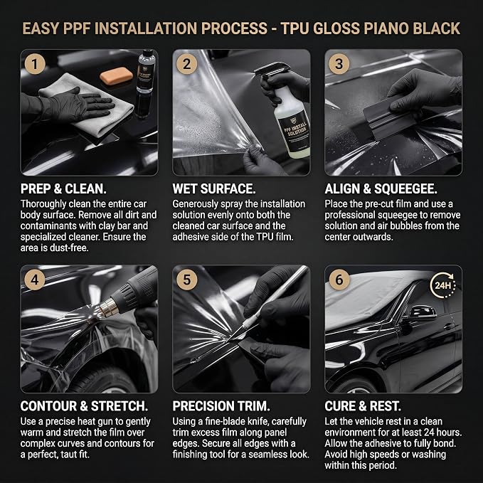 Piano Black PPF Paint Protection Film 50FT x 5FT Roll with PET Liner, Ultra Gloss Finish, Bubble-Free & Repositionable Adhesive, UV Protection for Cars, SUVs, Trucks (Ultra Gloss Black PPF)