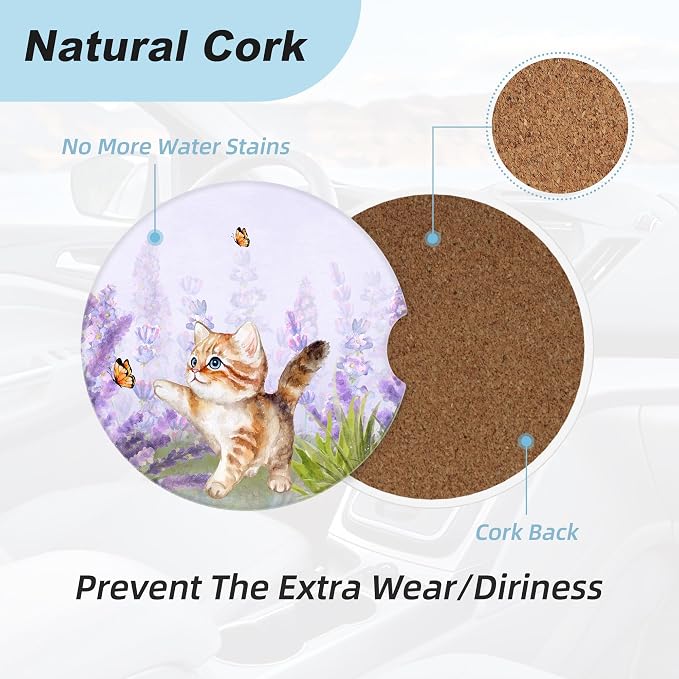 Lavender Butterfly Cute Cat Car Coasters for Cup Holders,2 Pack Car Cup Holder Coasters for Car,Ceramic Absorbent Car Coaster with A Finger Notch and Cork Base,Car Interior Accessories for Women Men