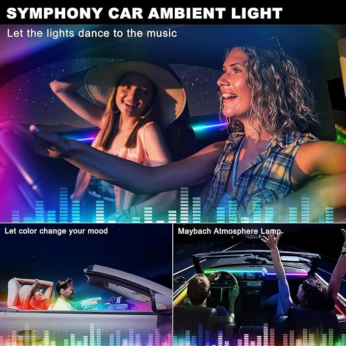 Acrylic Interior Car LED Strip Light with APP Remote Control, 4 in 1 RGB Dreamcolor Neon Flexible Strip Fiber Optic LED Ambient Lighting Kits,RGB Music Lights Sync for Inside car Decorations