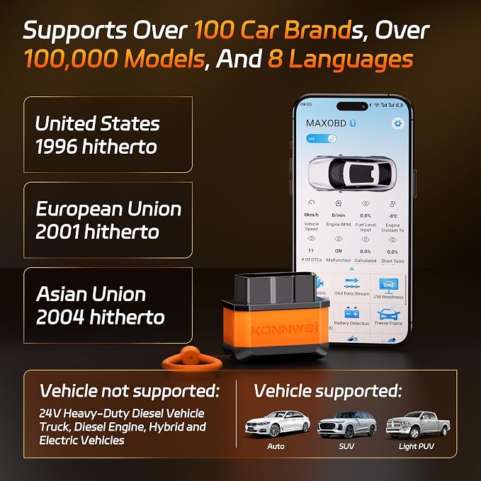 KONNWEI OBD2 Bluetooth Scanner Engine Code Reader w/Power ON/Off Button | Wireless Car Scanner w/Battery voltage Test Live Data Stream Freeze Frame I/M Readiness for iOS & Android