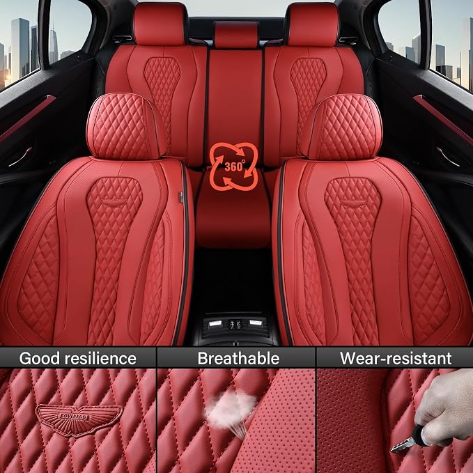 Coverado Car Seat Covers Full Set, Seat Covers, Car Seat Cover, Car Seat Covers Front Seats Back Seat Cover, Waterproof Car Seat Cushion, Leather Red Seat Covers Seat Protector Universal Fit Most Cars