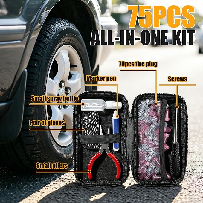 60 PCS Tire Repair Rubber Nails Kit, Vacuum Tire Screw Plugs, Fast Self-Service Tire Repair Tool for Car, Truck, Motorcycle, Bike, Tractor Puncture Repair Kit (Screwdriver Included)