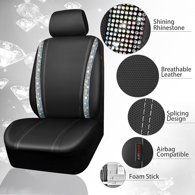 CAR PASS Bling Diamond Car Seat Cover Full Set, Shining Rhinestone Waterproof Leather, Rear with Zipper, Universal Fit 95% Automotive Glitter Sparkle Crystal for Cute Women Girl, Colorful Diamond