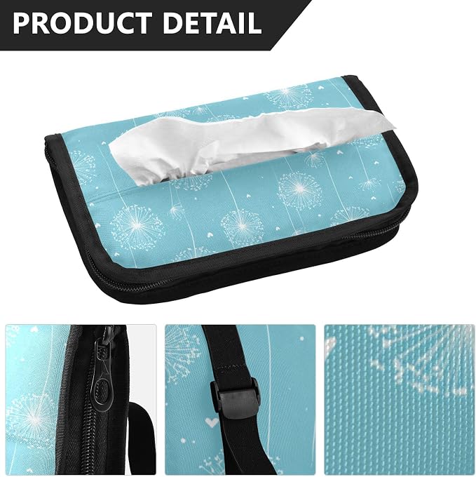 Car Tissue Holder Car Napkin Holder Tissue Box Dispenser Storage Case Sun Visor Mask Holder Accessories with Adjustable Straps Reusable Refillable Bright Blue Dandelion Heart