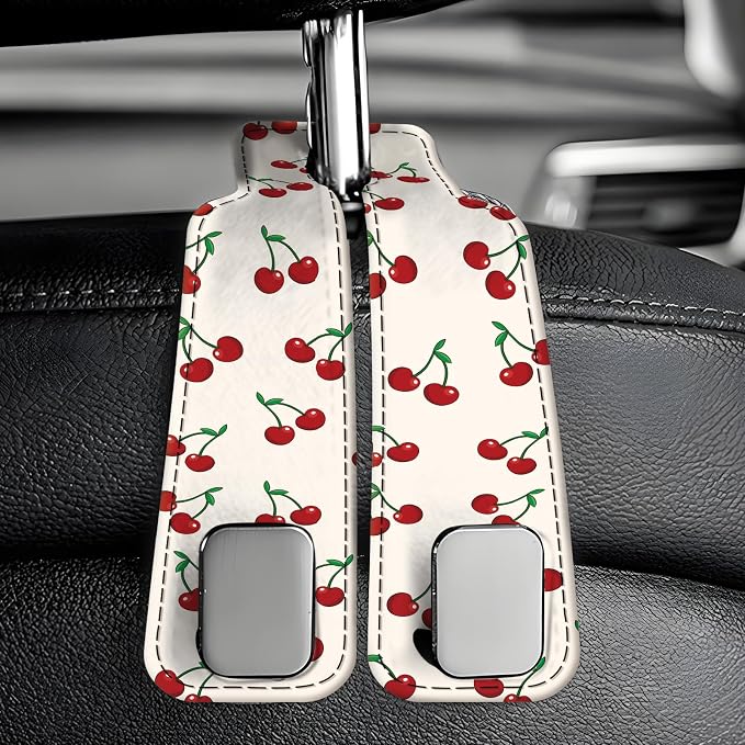Car Seat Back Storage Headrest Hook, Premium Leather Double Metal Hook, Hanger Storage Organizer for Purse Cloth Bag, Car Interior Accessories White Red Cherry