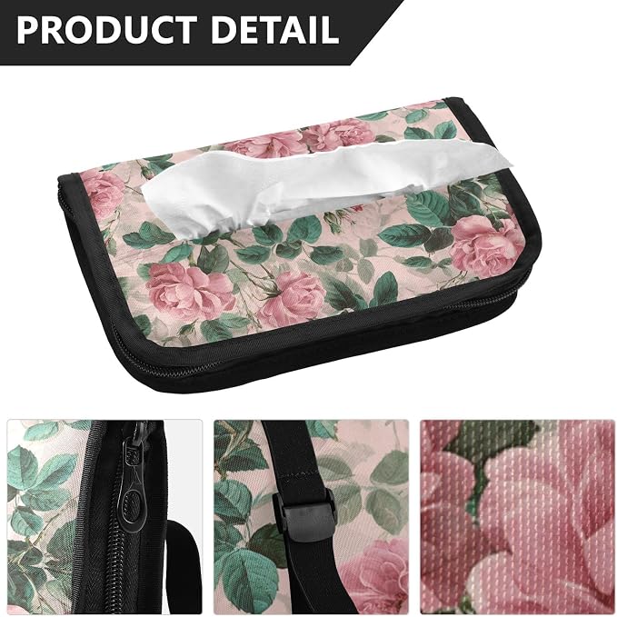 Car Visor Tissue Holder Mask Holder for Car, Car Tissue Box Sun Visor Napkin Holder Car Visor Accessories Adjustable Straps Reusable Durable Easy to Install Pink Vintage Roses with Leaves