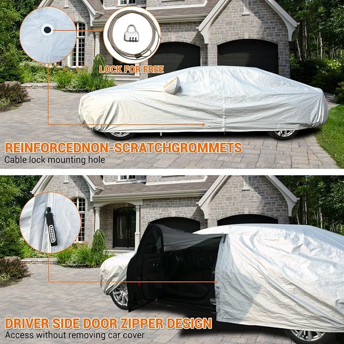 Tecoom Waterproof All Weather Car Cover, 3-Layer Fleece Lined Covers with Zipper Door & Lock, Full Exterior Wind Rain Snow Sun Hail Protection, Fit for Sedan (191"–200")