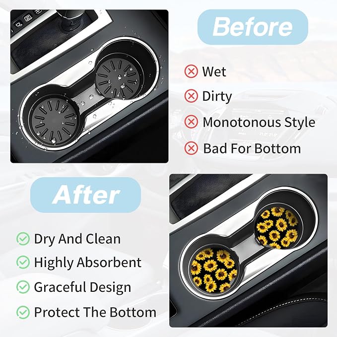 Sunflower Car Coasters for Cup Holders,2 Pack Car Cup Holder Coasters for Car,Ceramic Absorbent Car Coaster with A Finger Notch and Cork Base,Car Interior Accessories for Women Men