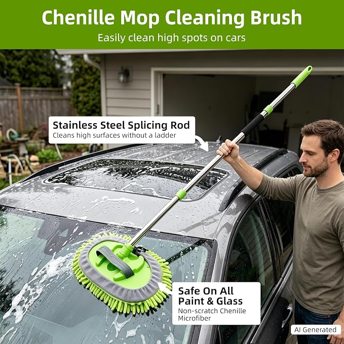 2 Pack 62" Car Wash Brush with Long Handle, Chenille Microfiber Car Wash Mop Mitt, Scratch-Free Soft Bristles Brush , Windshield Window Squeegee, Car Cleaning Kit Supplies for Car,Truck,SUV,RV,Boat