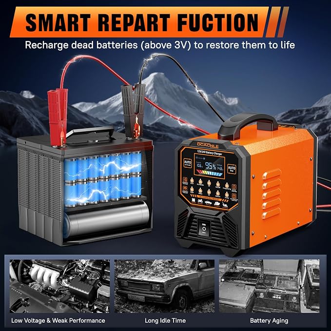 DCACNLE 12V/24V 0-15A Car Battery Charger Heavy Duty, Smart Trickle Charger | Automatic Maintaine, Desulfator with Overcharge Protection & Auto Shutoffs,Suitable for Various Vehicles&Lead Acid Batteries