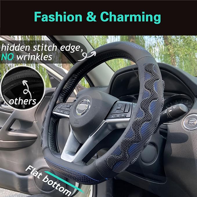 PINCTROT D Shaped 14 Inch Small Sized Steering Wheel Cover Great Grip with 3D Honeycomb Anti-Slip Design, Flat Bottom 14 Inch (Blue)