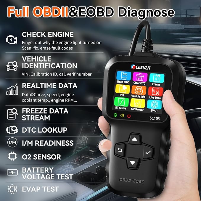 OBD2 Scanner, CGSULIT SC103 Car Code Reader Diagnose Check Engine Light Smog Check DTCs Scan Tool Live Data Stream Voltage Test for Vehicles Since 1996