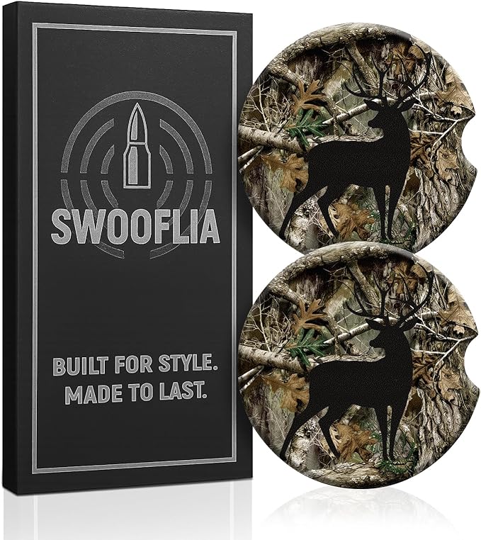 Swooflia Car Coasters for Men - Deer Ceramic Car Cupholder Coaster Cool Absorbent Mat Coaster with Cork Base 2 Pack Automotive Cup Holder Accessories New Driver Gifts