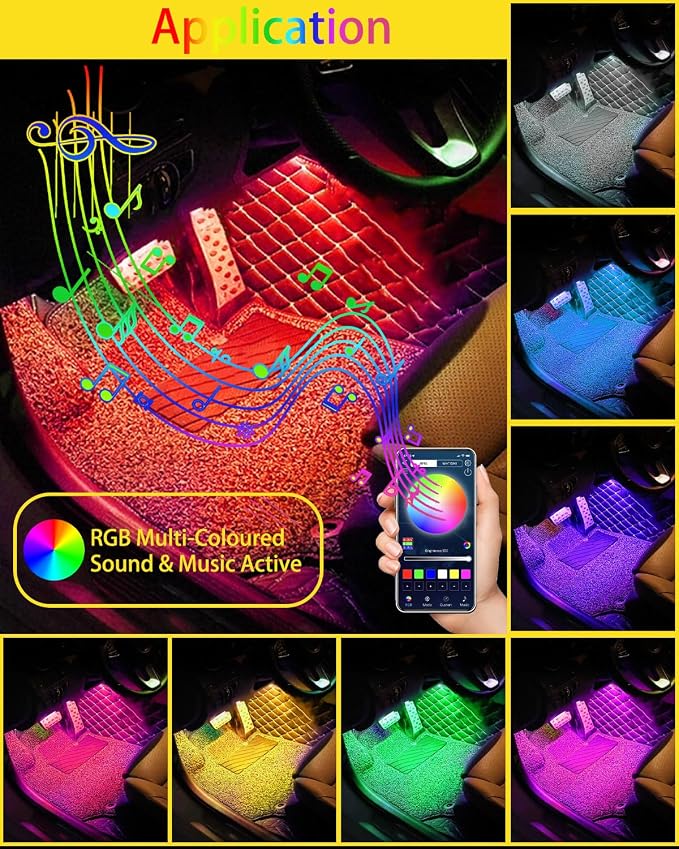 YONGMING Car LED Interior Lights, RGB USB Mood Lighting with Music Sync | APP-controlled RGB LED strip lights with music-activated modes for car footwell, console and interior ambient lighting.