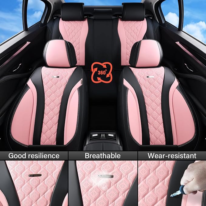 Coverado Car Seat Covers, Black Pink Leather Seat Covers Full Set, Perforated Diamond Leather Car Seat Cover, Waterproof Car Seat Protector Universal 5 Seats Seat Covers Fit for Most Cars SUV Trucks