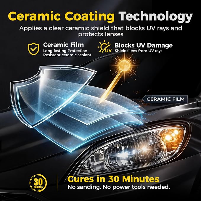 Ceramic Car Headlight Restoration Kit, No Sanding, Removes Yellowing and Cloudiness, Restores Clarity to Like New Look, No Power Tools Needed, Wipe Rinse Coat for Car Truck SUV