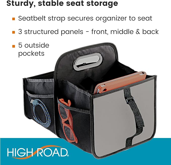 High Road Car Caddy Organizer with Cup Holders and Easy Carry Handle | Front Seat Organizer for Adults and Backseat Car Organizer for Kids Keeps Car Seats Clutter Free