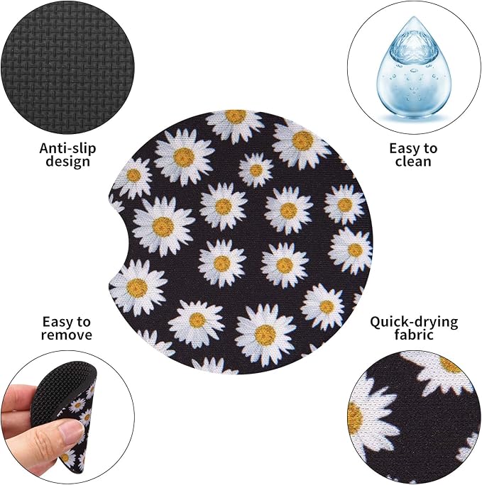 tifanso 2PCS Daisy Non-Slip Car Cup Holder Coasters for Women | Universal Fit for Standard Cup Holders, Easy to Clean & Remove, Adorable Floral Decor, Ideal Gift for Girls & Car Lovers