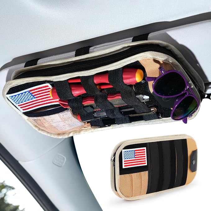 GNEGNI Tactical Car Sun Visor Organizer - Rigid MOLLE Panel Vehicle Storage Pouch with 3 Straps - Car Interior Document and Tool Holder for Truck, SUV, Jeep (13" x 7") (Khaki)