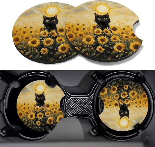 Car Cup Coasters,2 Pack Car Coaster,2.75inch Anti Slip and Absorbent Cars Coasters for Cup Holders,Neopren Accessories for Women,Cute Decor for Women (Sunflower Cat)