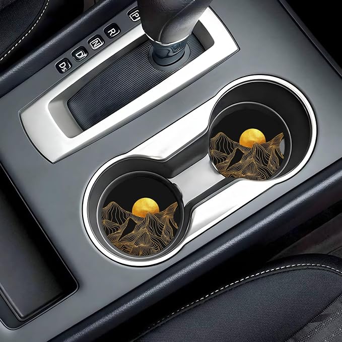Golden Mountain Sun Car Cup Holder Coasters 2 Pack 2.63" for Women | Universal Anti Slip Ceramic Absorbent Coaster with Cork Base and Finger Notch Cute Car Accessories Interior