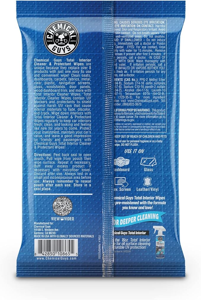 Chemical Guys, Total Interior Cleaner & Protectant Wipes, Multi-Use, 50 Ct | Multi-surface wipes clean dashboards, doors, seats and trim on the go, fifty per pack for quick interior touch-ups