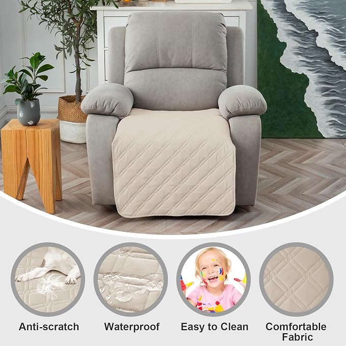 Genina Waterproof Recliner Chair Covers, Recliner Cover for Dog Pets Friendly, Washable Antislip Reclining Chair Cover Furniture Protector, Sofa Slipcover for Living Room(23.6inch/Beige)