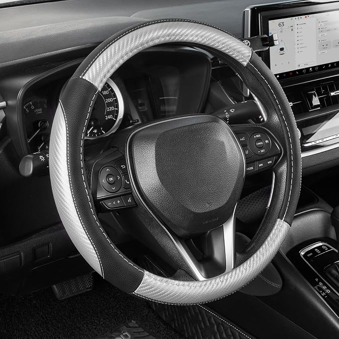 SEG Direct Steering Wheel Cover for Car, Standard Size 14.5-15 inch, Auto Interior Accessories, Black with Sliver Carbon Fiber Pattern