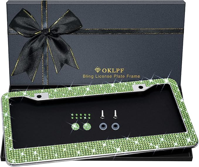 Bling License Plate Frame for Women, Sparkly Stainless Steel License Plate Frames| Over 1200 pcs 14 Facets Bedazzled Clear Glass Diamond Rhinestone Crystals w/Free Glitter Diamond (Olive Green)